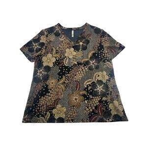 Vintage Y2K Grunge Whimsigoth Fairy White Stag Floral Metallic Textured Top Sz L